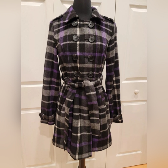 Arizona purple plaid double breasted black button up belted jacket coat S - Picture 2 of 9